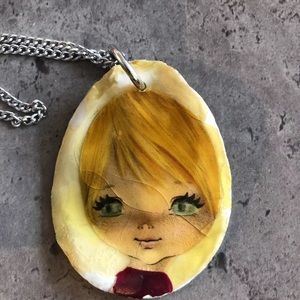 Antique Necklace Pendant Painted Shell Girl Portrait Handmade Silver Chain